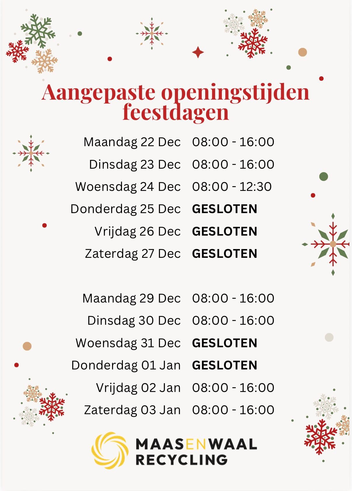Openingstijden feestdagen 2025